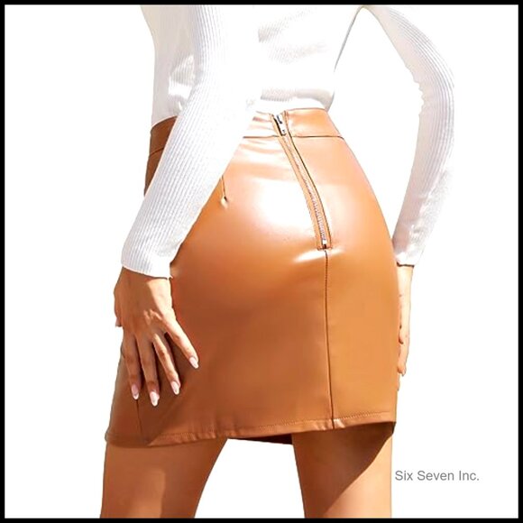 High Waisted Faux Leather Pencil Mini Skirt with Built-In Shorts - Picture 2 of 7